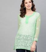 Sea-green hand woven georgette chikankari-kurtis