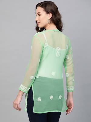 Sea-green hand woven georgette chikankari-kurtis 2
