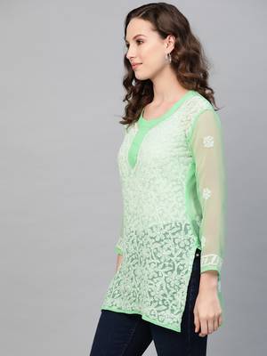 Sea-green hand woven georgette chikankari-kurtis 4