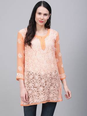 Orange hand woven georgette chikankari-kurtis 1