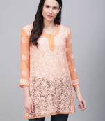 Orange hand woven georgette chikankari-kurtis