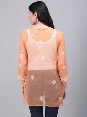 Orange hand woven georgette chikankari-kurtis 2