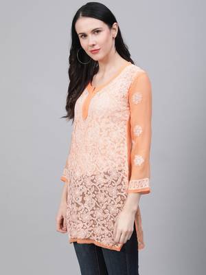 Orange hand woven georgette chikankari-kurtis 4