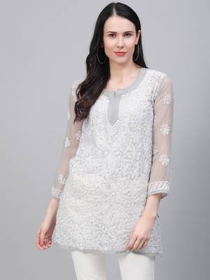 Grey hand woven georgette chikankari-kurtis 1