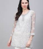 Grey hand woven georgette chikankari-kurtis