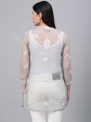 Grey hand woven georgette chikankari-kurtis 2