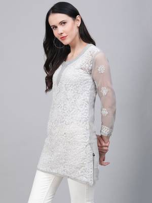 Grey hand woven georgette chikankari-kurtis 3