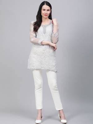 Grey hand woven georgette chikankari-kurtis 4