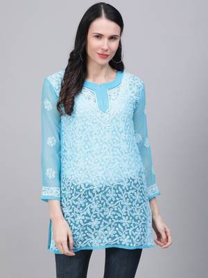 Sky-blue hand woven georgette chikankari-kurtis 1