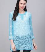 Sky-blue hand woven georgette chikankari-kurtis