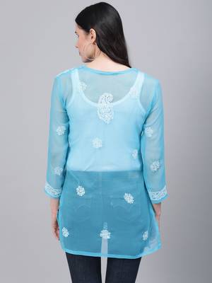 Sky-blue hand woven georgette chikankari-kurtis 2