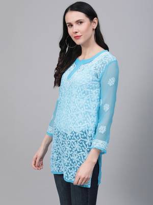 Sky-blue hand woven georgette chikankari-kurtis 3