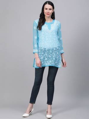 Sky-blue hand woven georgette chikankari-kurtis 4