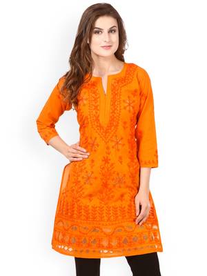 Orange hand woven cotton chikankari-kurtis 2