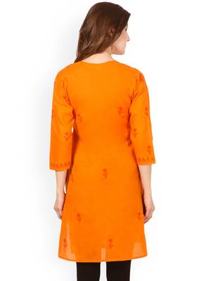 Orange hand woven cotton chikankari-kurtis 3