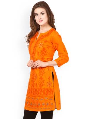 Orange hand woven cotton chikankari-kurtis 4