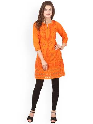 Orange hand woven cotton chikankari-kurtis 1