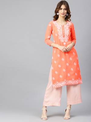 Peach hand woven georgette chikankari-kurtis 1
