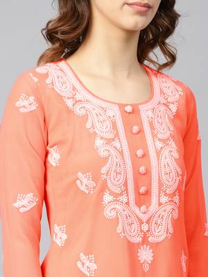 Peach hand woven georgette chikankari-kurtis 4