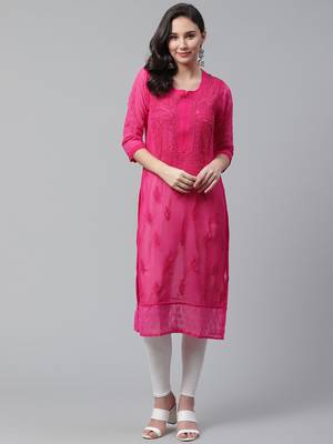 Pink hand woven georgette chikankari-kurtis 1