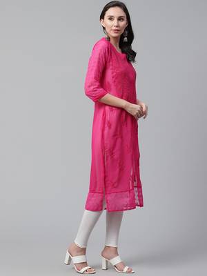Pink hand woven georgette chikankari-kurtis 4