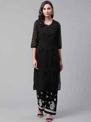 Black hand woven georgette chikankari-kurtis 1