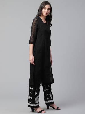 Black hand woven georgette chikankari-kurtis 4