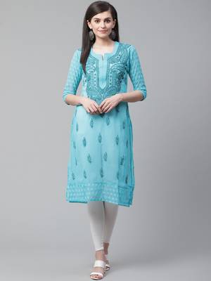 Blue hand woven georgette chikankari-kurtis 1