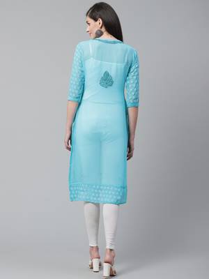 Blue hand woven georgette chikankari-kurtis 2