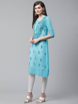 Blue hand woven georgette chikankari-kurtis 4
