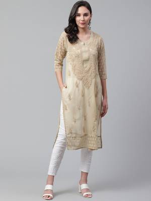 Beige hand woven georgette chikankari-kurtis 1