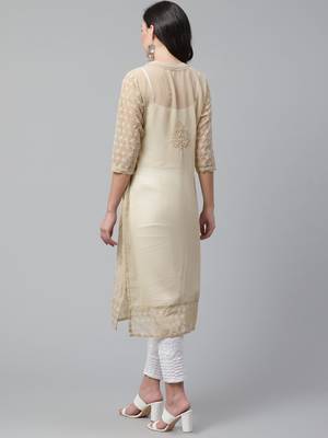 Beige hand woven georgette chikankari-kurtis 2