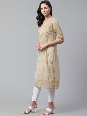 Beige hand woven georgette chikankari-kurtis 3