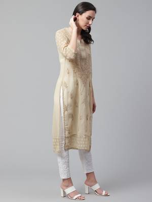 Beige hand woven georgette chikankari-kurtis 4