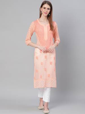 Peach hand woven georgette chikankari-kurtis 1