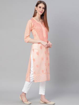 Peach hand woven georgette chikankari-kurtis 3