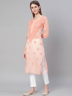 Peach hand woven georgette chikankari-kurtis 4