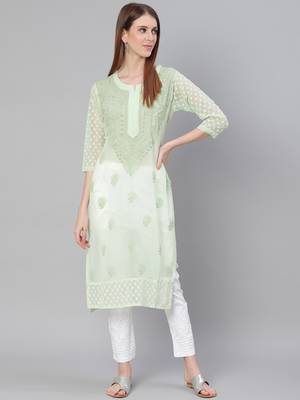 Green hand woven georgette chikankari-kurtis 1