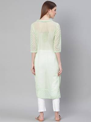 Green hand woven georgette chikankari-kurtis 2