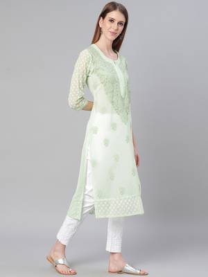 Green hand woven georgette chikankari-kurtis 3