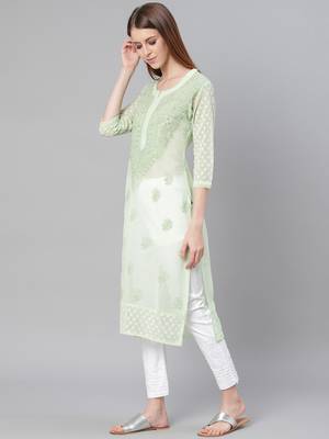 Green hand woven georgette chikankari-kurtis 4