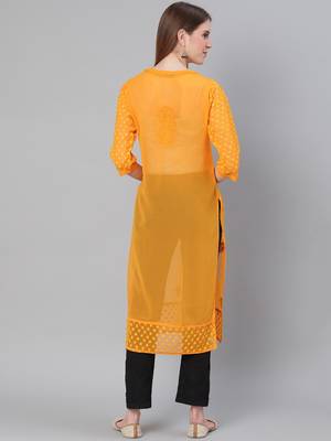 Mustard hand woven georgette chikankari-kurtis 2
