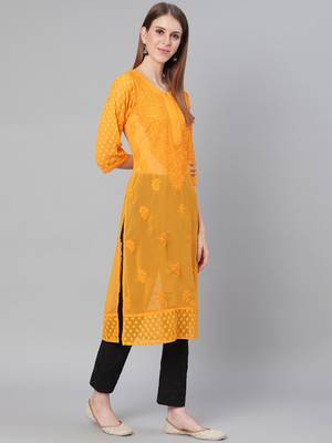 Mustard hand woven georgette chikankari-kurtis 3