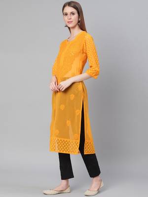 Mustard hand woven georgette chikankari-kurtis 4