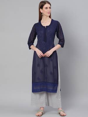 Navy-blue hand woven georgette chikankari-kurtis 1