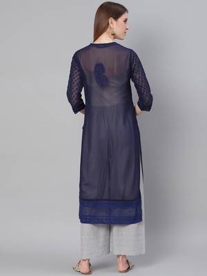 Navy-blue hand woven georgette chikankari-kurtis 2