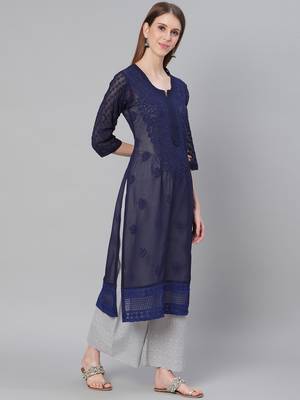 Navy-blue hand woven georgette chikankari-kurtis 3
