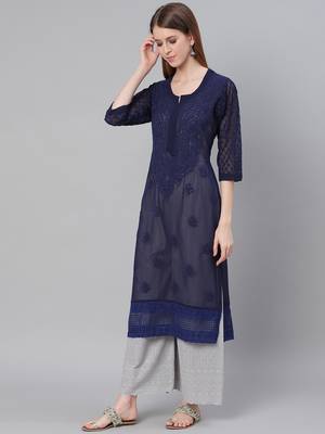 Navy-blue hand woven georgette chikankari-kurtis 4