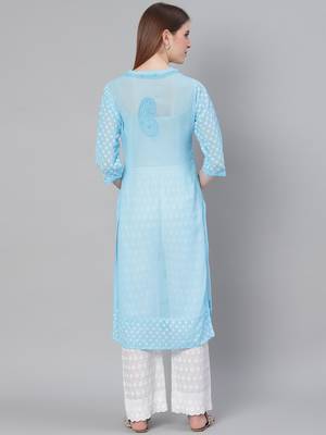 Sky-blue hand woven georgette chikankari-kurtis 2