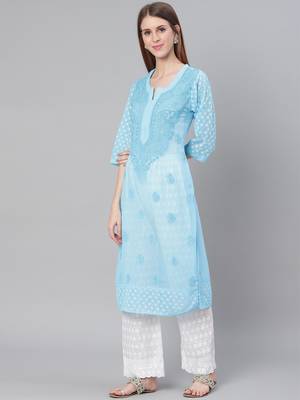 Sky-blue hand woven georgette chikankari-kurtis 3